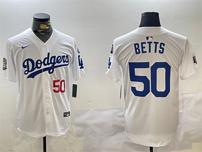 Los Angeles Dodgers #50 Mookie Betts White 2024 World Series With Fernando Memorial Patch Home Limited Stitched Jersey